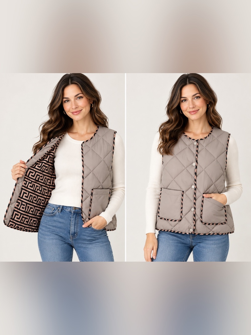 Coco + Carmen S/M Quilted Puffer Vest Taupe Geometric Trim Snap Front Pockets